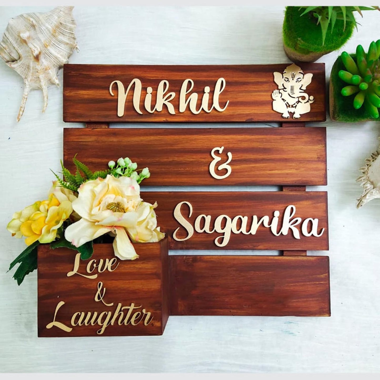 Decorative MDF 4 Row Name Plate with Flower Planter Box (12x10 Inch) (NAM025)