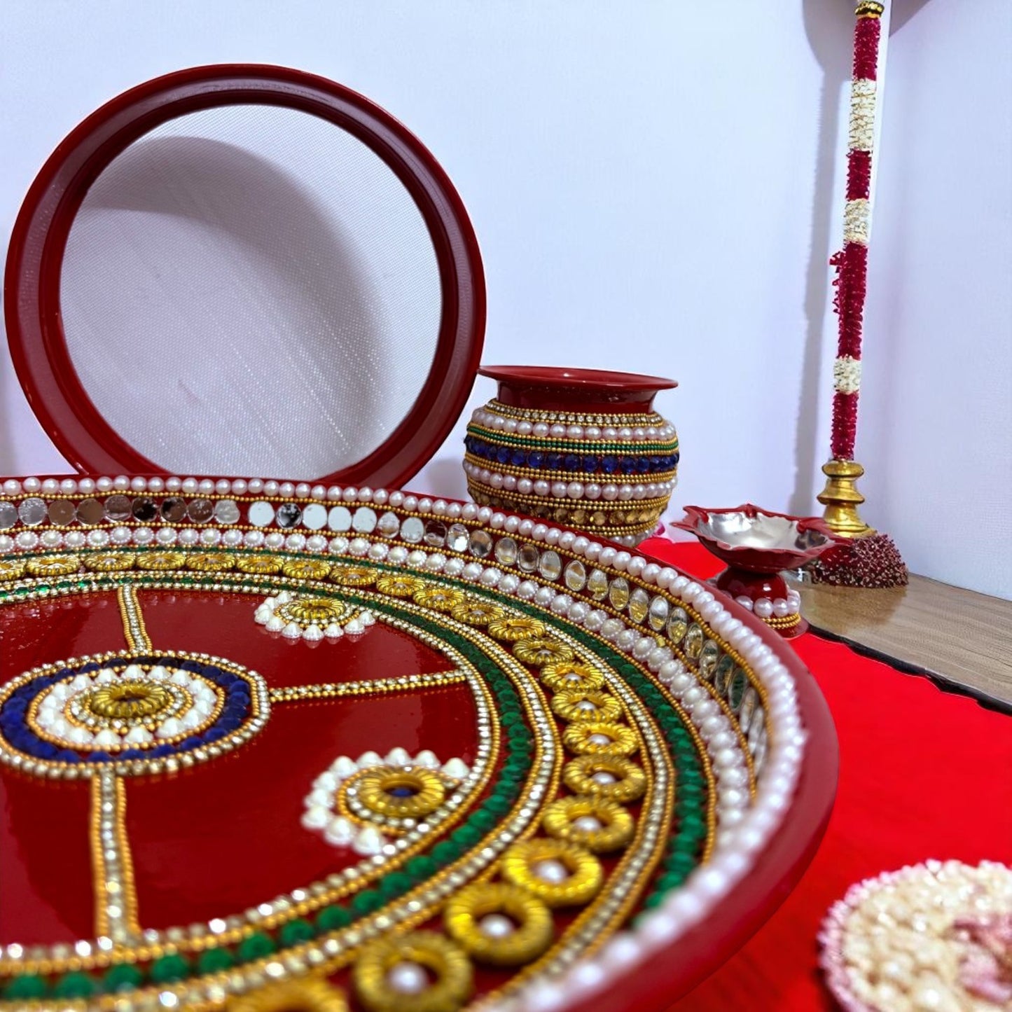 RIA Studio Kundan Decorated Stainless Steel Karva Chauth Pooja Thali Set (12 Inch)