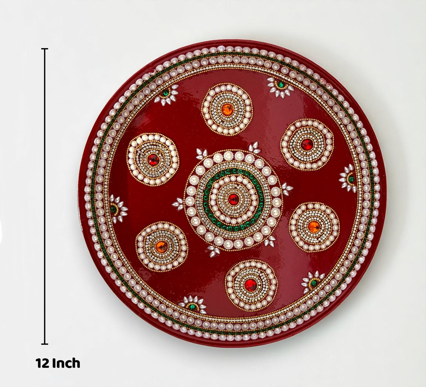 RIA Studio Kundan Decorated Stainless Steel Pooja Thali Set 7 Circle (12 Inch)