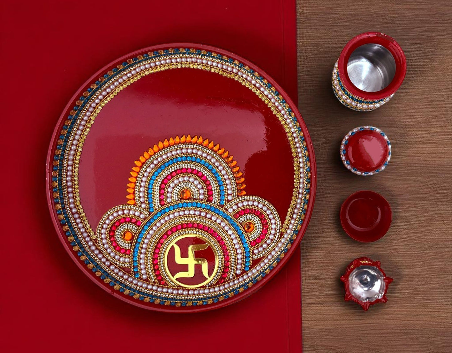 RIA Studio Kundan Decorated Stainless Steel Swastik Pooja Thali Set (12 Inch)