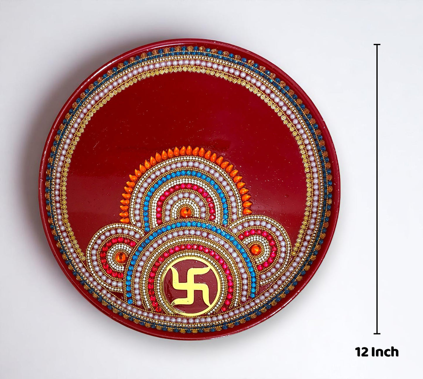 RIA Studio Kundan Decorated Stainless Steel Swastik Pooja Thali Set (12 Inch)