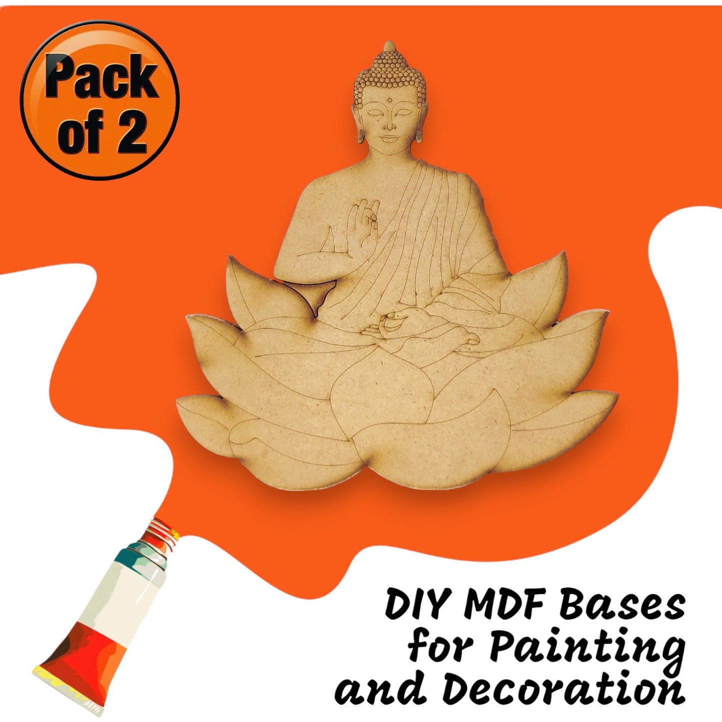 (Pack of 2) DIY Decorative MDF Pre Marked Cutout Bases Meditating Buddha Monk On lotus Pre Marked For Wall Hanging Decoration, Art & Craft (WAB12006)