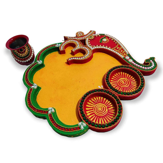 Decorative DIY Wooden Om Ganesh Ji Cutout Design Pooja Thali with 2 Round Spaces as Cups for Worshipping Decoration (THAL002)