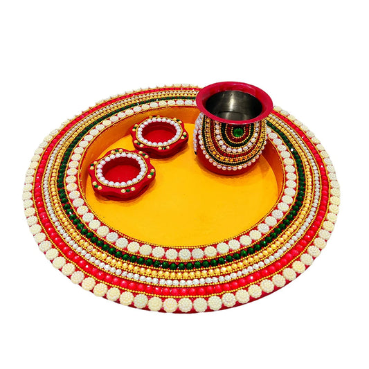 Decorative DIY Wooden Pooja Thali with 2 Flower Shaped Cups for Worshipping, Decoration (THAL001)