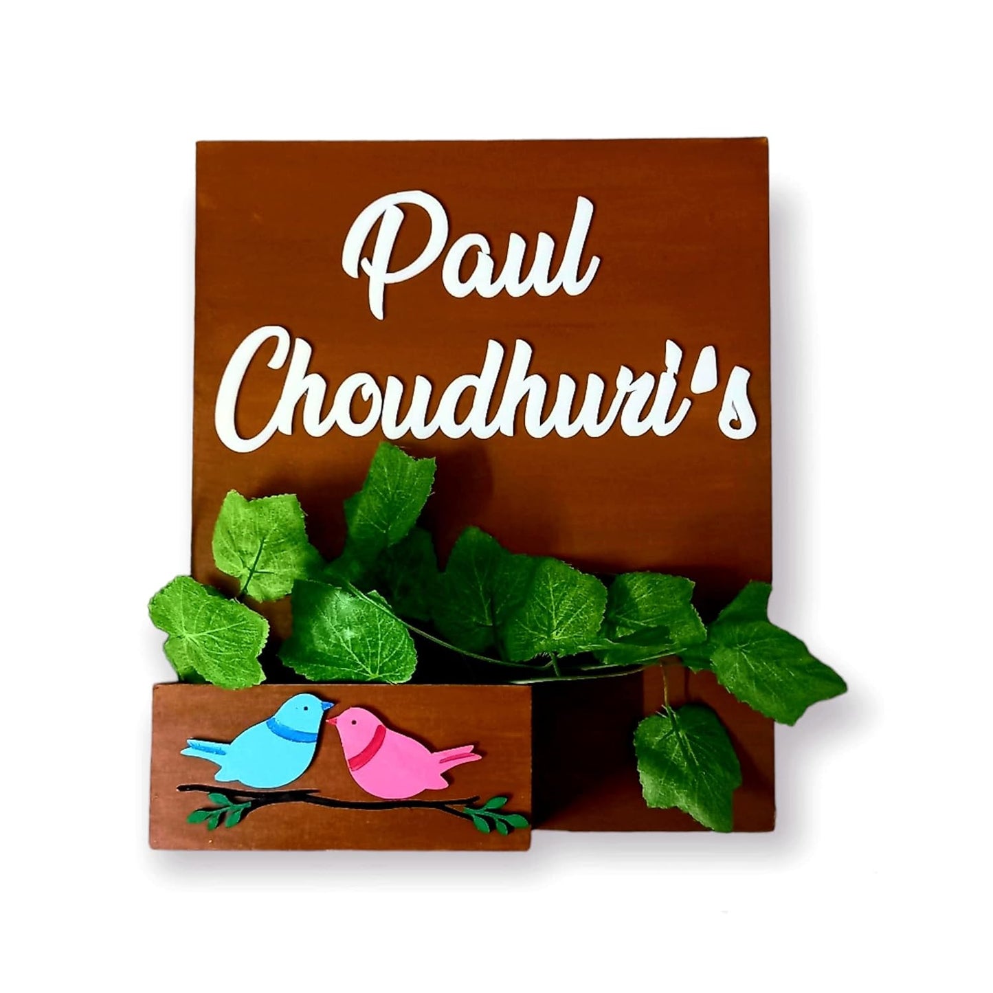 Decorative MDF Solid Name Plate with Partial Flower Planter Box (NAM024)