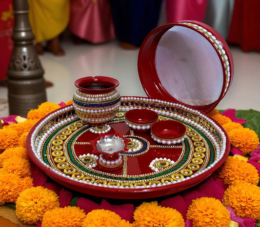RIA Studio Kundan Decorated Stainless Steel Karva Chauth Pooja Thali Set (12 Inch)