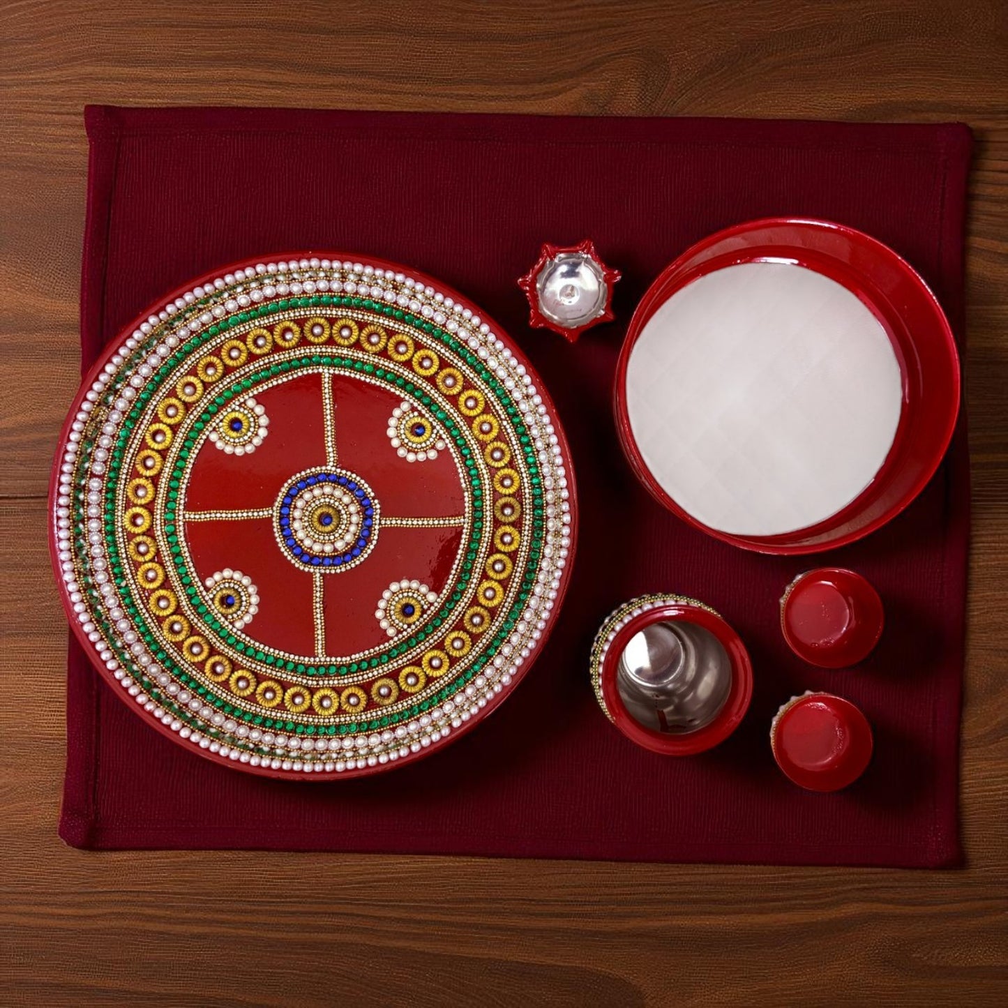 RIA Studio Kundan Decorated Stainless Steel Karva Chauth Pooja Thali Set (12 Inch)