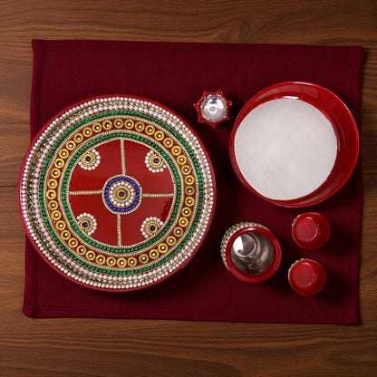 RIA Studio Kundan Decorated Stainless Steel Karva Chauth Pooja Thali Set (12 Inch)