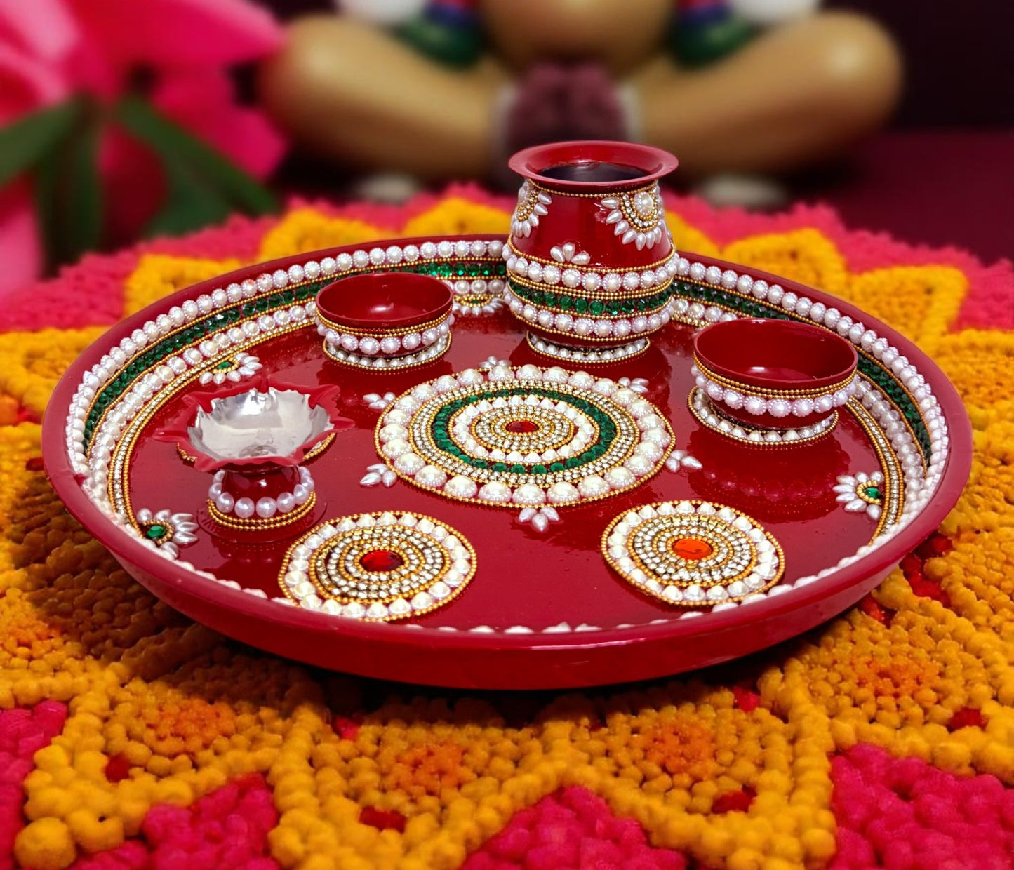 RIA Studio Kundan Decorated Stainless Steel Pooja Thali Set 7 Circle (12 Inch)