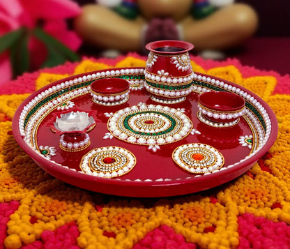 RIA Studio Kundan Decorated Stainless Steel Pooja Thali Set 7 Circle (12 Inch)