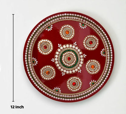 RIA Studio Kundan Decorated Stainless Steel Pooja Thali Set 7 Circle (12 Inch)