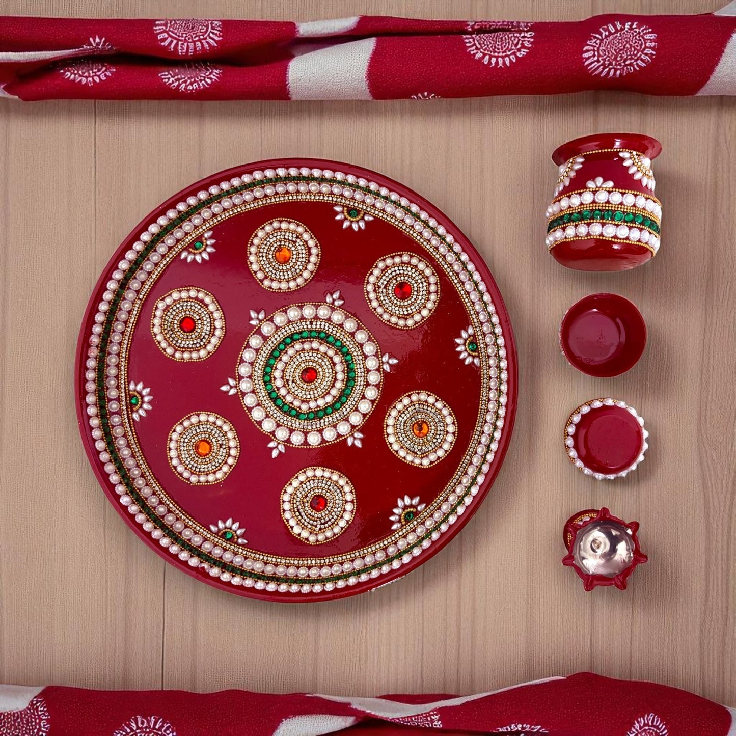 RIA Studio Kundan Decorated Stainless Steel Pooja Thali Set 7 Circle (12 Inch)