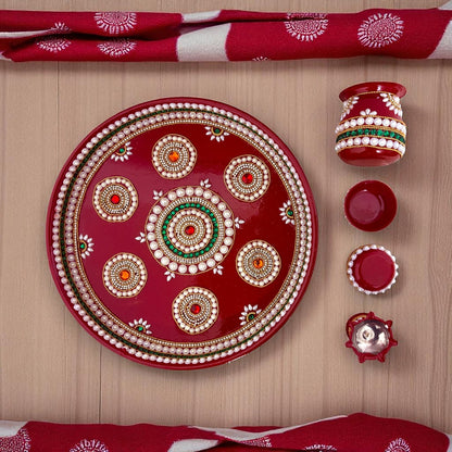 RIA Studio Kundan Decorated Stainless Steel Pooja Thali Set 7 Circle (12 Inch)