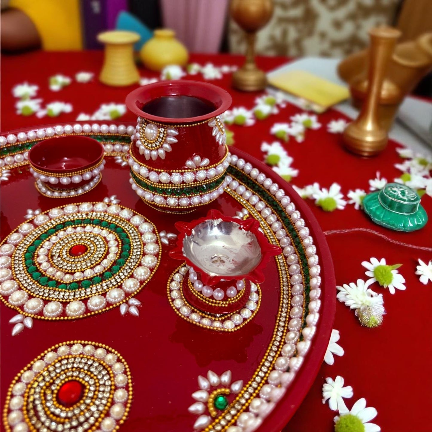 RIA Studio Kundan Decorated Stainless Steel Pooja Thali Set 7 Circle (12 Inch)