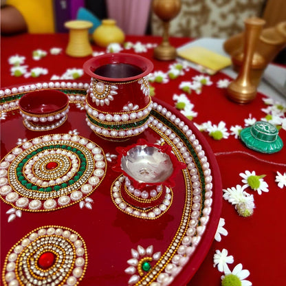 RIA Studio Kundan Decorated Stainless Steel Pooja Thali Set 7 Circle (12 Inch)