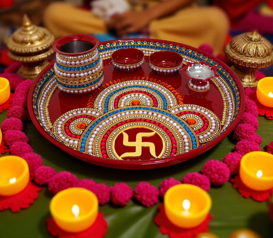 RIA Studio Kundan Decorated Stainless Steel Swastik Pooja Thali Set (12 Inch)