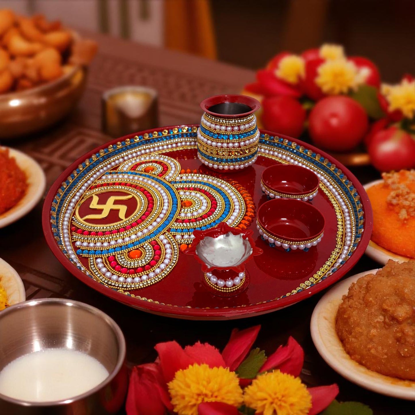 RIA Studio Kundan Decorated Stainless Steel Swastik Pooja Thali Set (12 Inch)