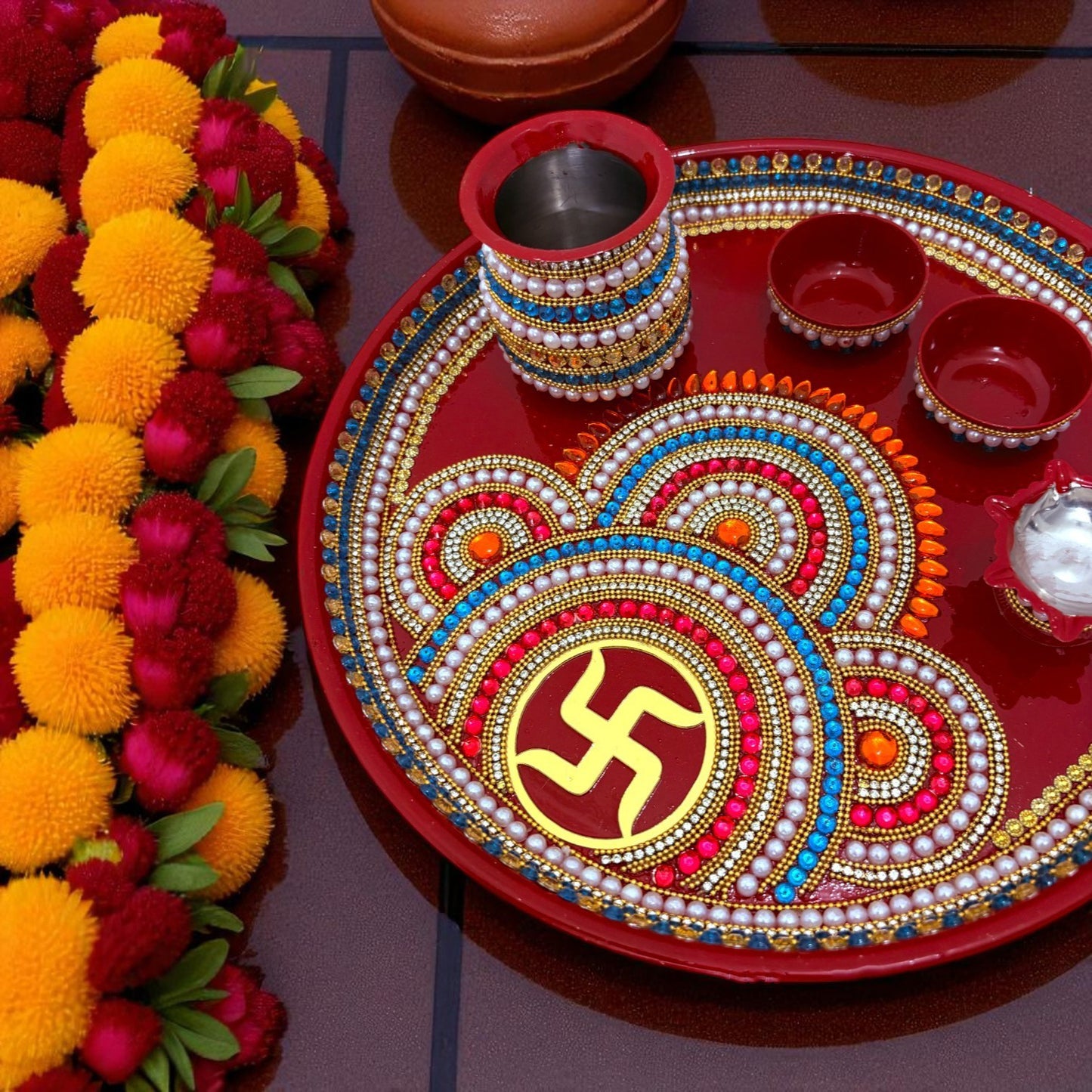 RIA Studio Kundan Decorated Stainless Steel Swastik Pooja Thali Set (12 Inch)
