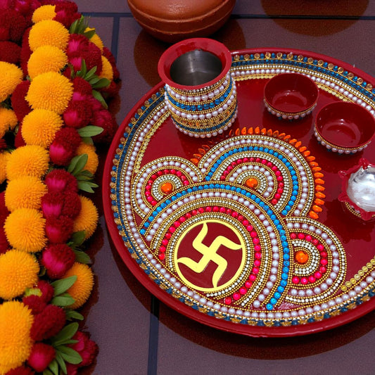 RIA Studio Kundan Decorated Stainless Steel Swastik Pooja Thali Set (12 Inch)