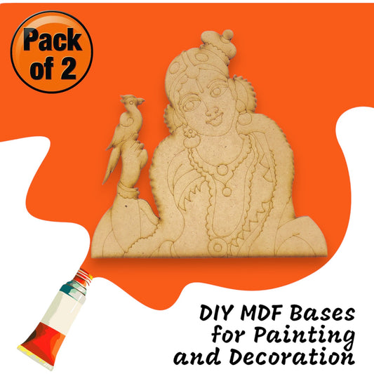 (Pack of 2) DIY Decorative MDF Pre Marked Cutout Bases Lord Krishna with Parrot Round Pre Marked Design 2 For Wall Hanging Decoration, Art & Craft (WAB12015)