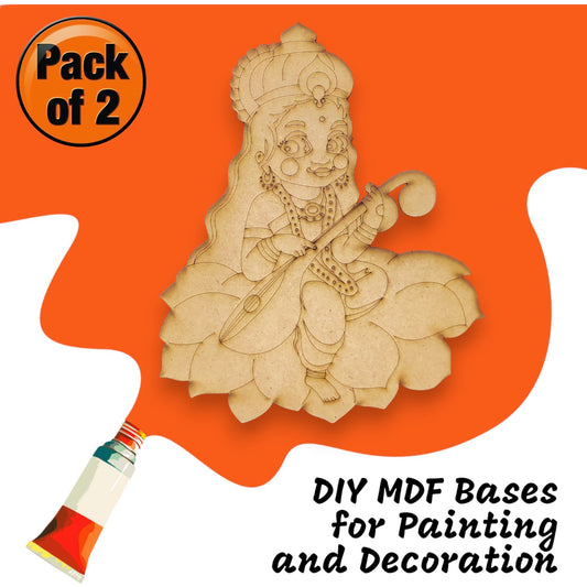 (Pack of 2) DIY Decorative MDF Pre Marked Cutout Bases Goddess Laxmi Saraswati With Sitar Lotus Pre Marked For Wall Hanging Decoration, Art & Craft (WAB12035)