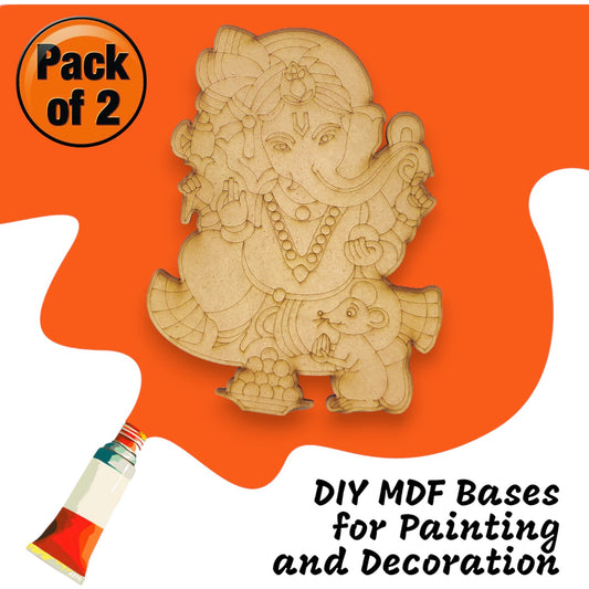 (Pack of 2) DIY Decorative MDF Pre Marked Cutout Bases Lord Ganesh with Mushak Pre Marked Design 1 For Wall Hanging Decoration, Art & Craft (WAB12009)