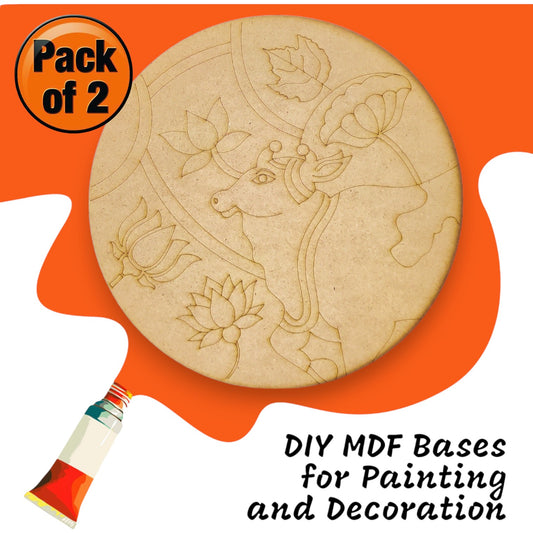 (Pack of 2) DIY Decorative MDF Pre Marked Cutout Bases Cow with Lotus Flowers Round Pre Marked Design 1 For Wall Hanging Decoration, Art & Craft (WAB12040)
