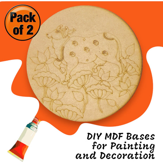 (Pack of 2) DIY Decorative MDF Pre Marked Cutout Bases Cow with Lotus Flowers Round Pre Marked Design 2 For Wall Hanging Decoration, Art & Craft (WAB12041)