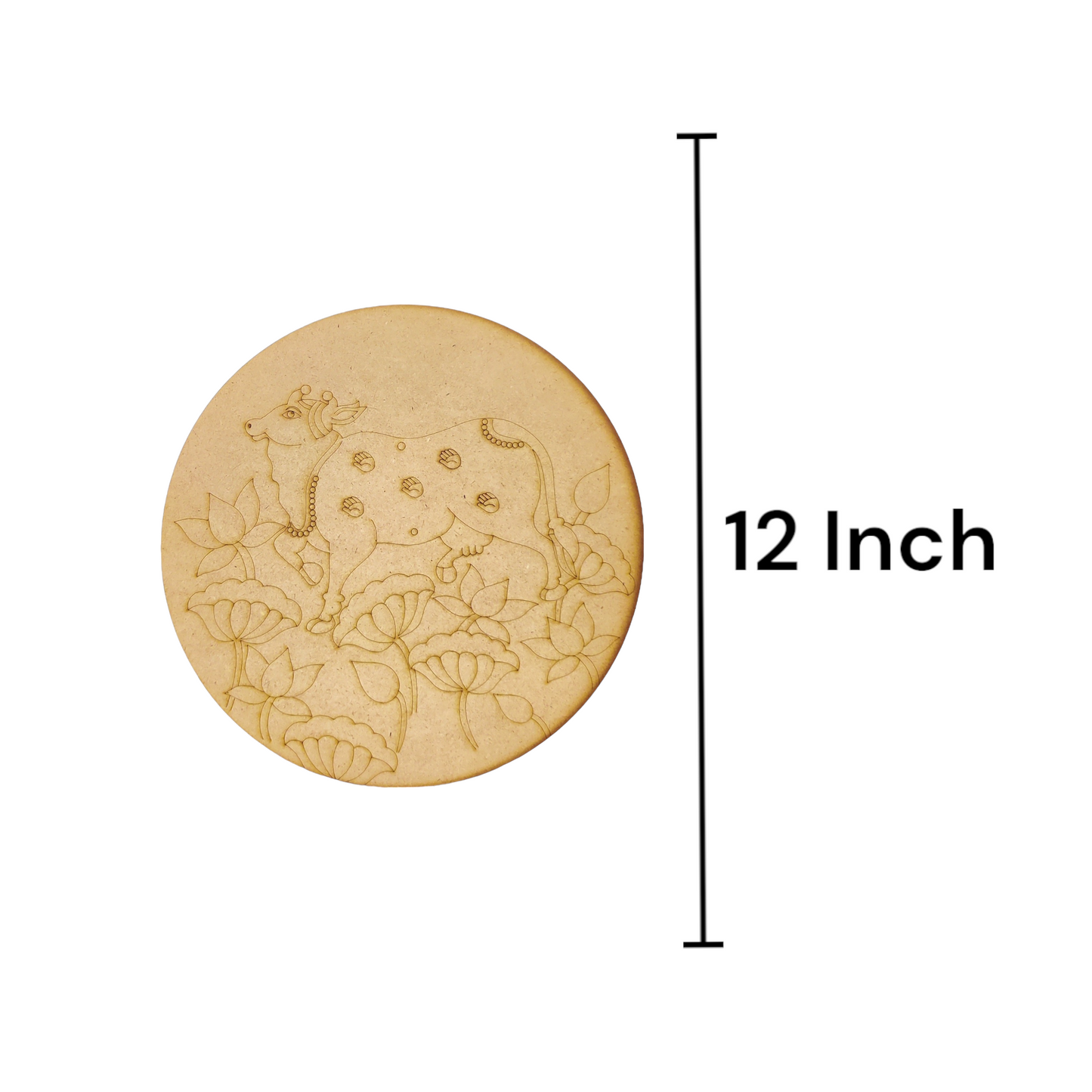 (Pack of 2) DIY Decorative MDF Pre Marked Cutout Bases Cow with Lotus Flowers Round Pre Marked Design 2 For Wall Hanging Decoration, Art & Craft (WAB12041)