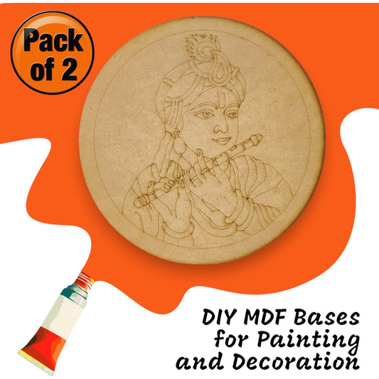 (Pack of 2) DIY Decorative MDF Pre Marked Cutout Bases Lord Krishna with Bansuri Round Pre Marked Design 1 For Wall Hanging Decoration, Art & Craft (WAB12007)