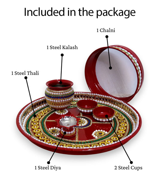 RIA Studio Kundan Decorated Stainless Steel Karva Chauth Pooja Thali Set (12 Inch)
