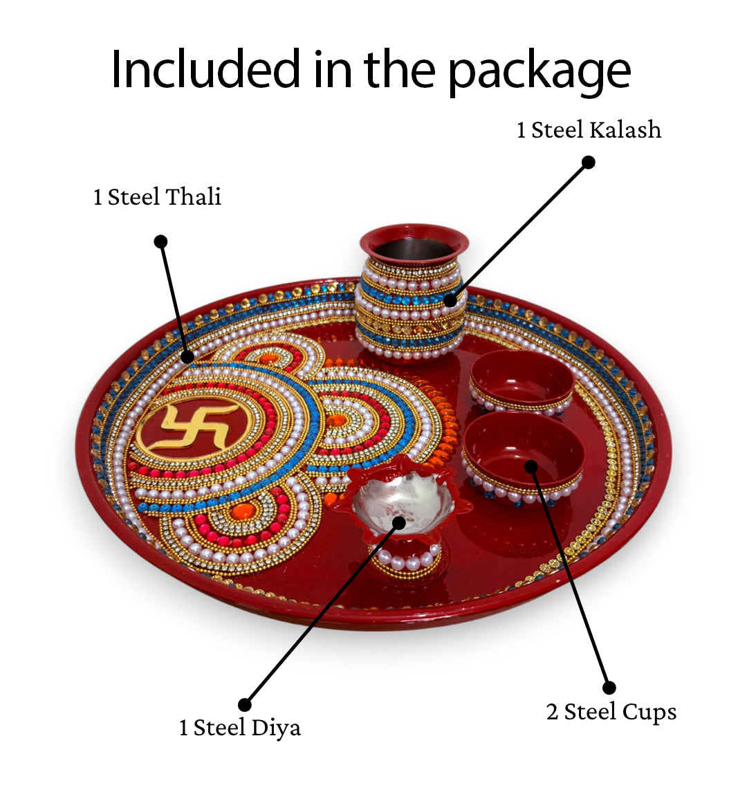 RIA Studio Kundan Decorated Stainless Steel Swastik Pooja Thali Set (12 Inch)