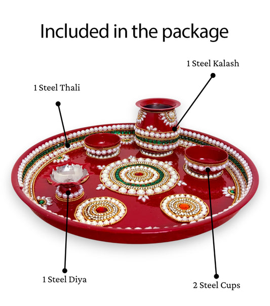 RIA Studio Kundan Decorated Stainless Steel Pooja Thali Set 7 Circle (12 Inch)